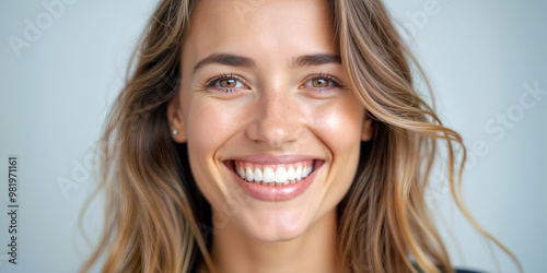 Closeup happy young 20s woman showing toothy smile, isolated on pastel blue background. Skin care, cosmetic surgery, healthy and white teeth, dental care. Dentistry concept.
