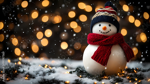 Snowman wearing a red scarf and hat near a Christmas tree.