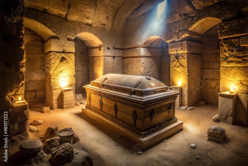 Wallpaper Mural Golden coffin in ancient tomb with stone platform Torontodigital.ca
