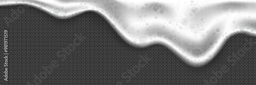 White foam flow isolated on transparent background. Vector realistic illustration of beer froth with air bubbles, cleaning detergent, bath washing gel, liquid soap splash, oxygen face mask effect