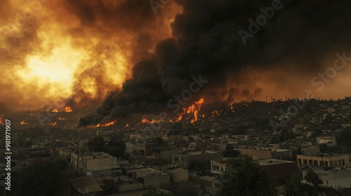 A devastating urban fire caused by extreme heat and dry conditions engulfs buildings, sending plumes of black smoke into the sky. Firefighters struggle to bring the blaze under control. photo