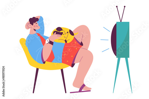 Man relaxing with dog and watching tv
