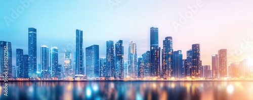 A stunning urban skyline at dusk, showcasing modern architecture and vibrant city lights reflecting on the tranquil water.