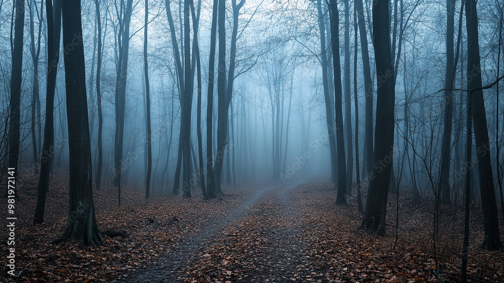 Fototapeta premium Mysterious fog-shrouded forest path on a Halloween night in late October