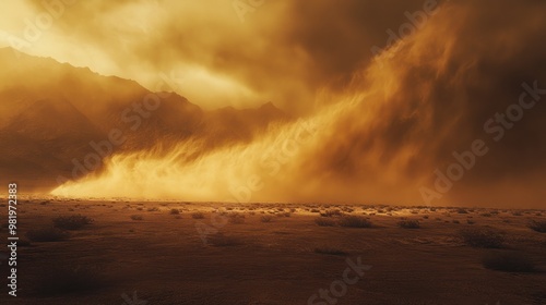 A dust storm sweeps across a desert, with strong winds carrying sand that engulfs everything in its path, reducing visibility and creating a surreal, hazy scene.