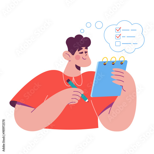 Man marks completed tasks in a notebook