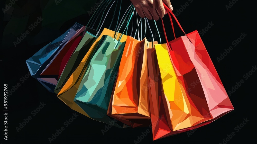 Illustration on a black background, a hand holds bags with purchases made on Black Friday. For advertising, banner, business transparent background Illustration on a black background, a hand holds bags with purchases made on Black Friday. For advertising, banner, business transparent background