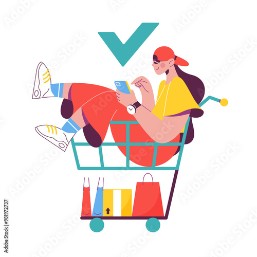 Woman in shopping cart placing order on smartphone