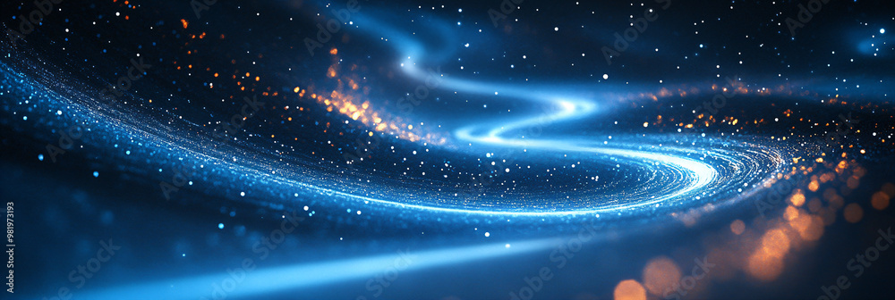 Dynamic cosmic highway of blue light trails and fiery particles ...