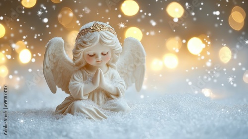 little white guardian angel in snow on shiny lights background. christmas decoration transparent background