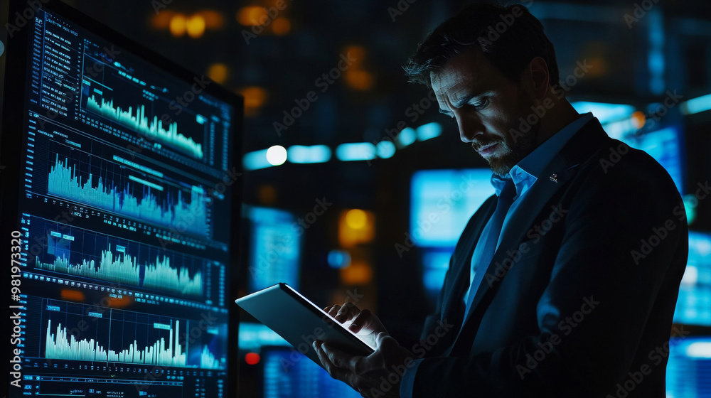 In a dimly lit office, a businessman intently analyzes stock market trends on his tablet. The glow from the screen illuminates his focused expression as he navigates through various graphs and charts. In a dimly lit office, a businessman intently analyzes stock market trends on his tablet. The glow from the screen illuminates his focused expression as he navigates through various graphs and charts.