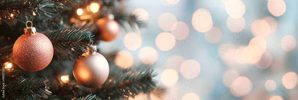 Obraz premium Shimmering Christmas ornaments in rose gold and copper hues adorn pine branches, perfect for showcasing trendy holiday decor styles and inspiring festive home decorating ideas