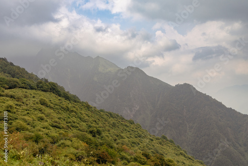 Landscape of foggy mountains in Aba Tibetan and Qiang Autonomous Prefectures. West part of Sichuan province, China
