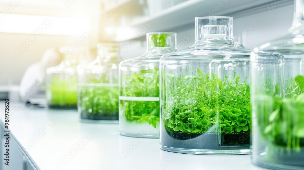 A vibrant collection of green plants in glass containers, showcasing innovative biopharmaceutical research in a laboratory environment. A vibrant collection of green plants in glass containers, showcasing innovative biopharmaceutical research in a laboratory environment.