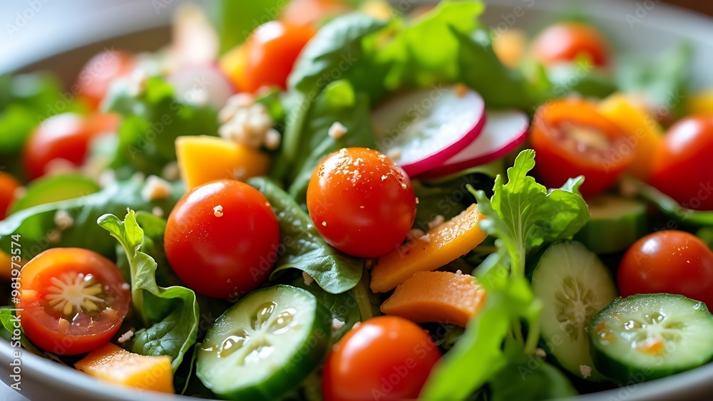 Closeup of a delicious, vibrant salad with fresh vegetables. Ideal for health, nutrition, and culinary content, showcasing colorful and nutritious ingredients. Closeup of a delicious, vibrant salad with fresh vegetables. Ideal for health, nutrition, and culinary content, showcasing colorful and nutritious ingredients.