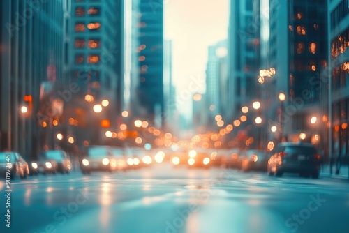 Abstract urban background with blurred buildings and street  shallow depth of focus. photo