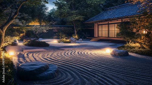 zen garden at night, beautiful Japanese garden