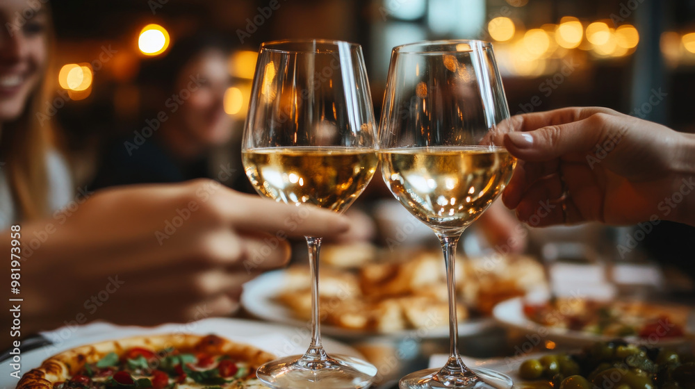A lively restaurant scene unfolds as a diverse group of friends gathers around a table filled with delicious food. They enjoy a variety of pizzas, colorful salads, and glasses of wine, creating a warm A lively restaurant scene unfolds as a diverse group of friends gathers around a table filled with delicious food. They enjoy a variety of pizzas, colorful salads, and glasses of wine, creating a warm