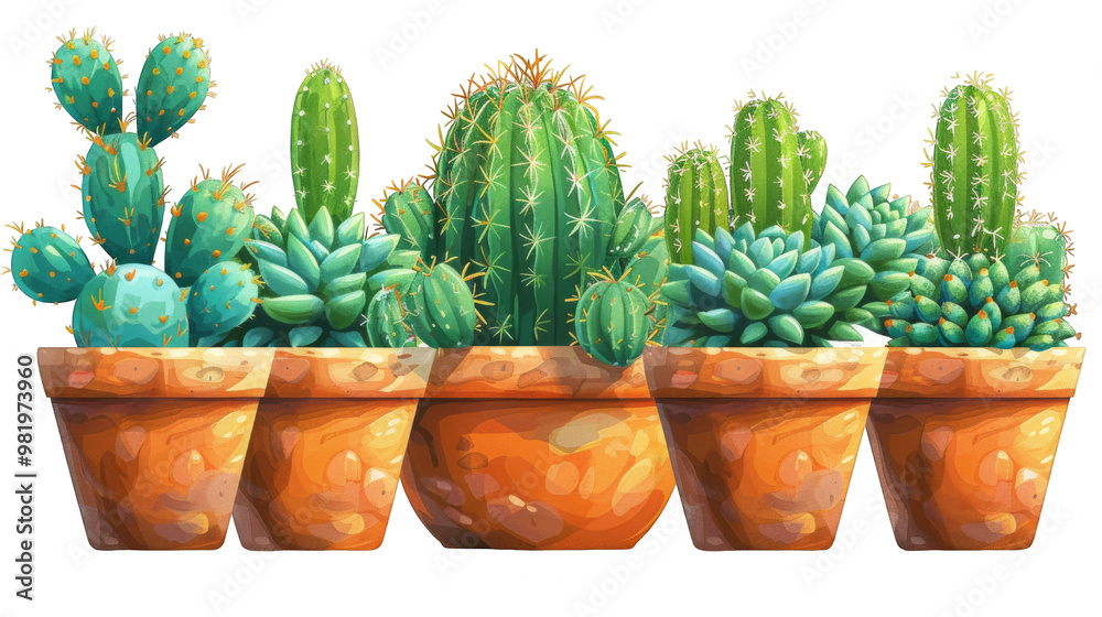 A collection of cactus and succulent plants in terracotta pots, showcasing their diverse shapes, textures, and vibrant colors. A collection of cactus and succulent plants in terracotta pots, showcasing their diverse shapes, textures, and vibrant colors.