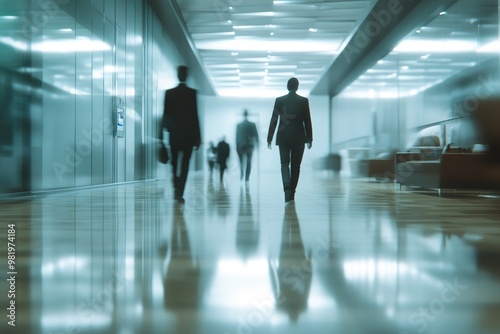 businesspeople walking in the corridor of an business center pronounced motion blur