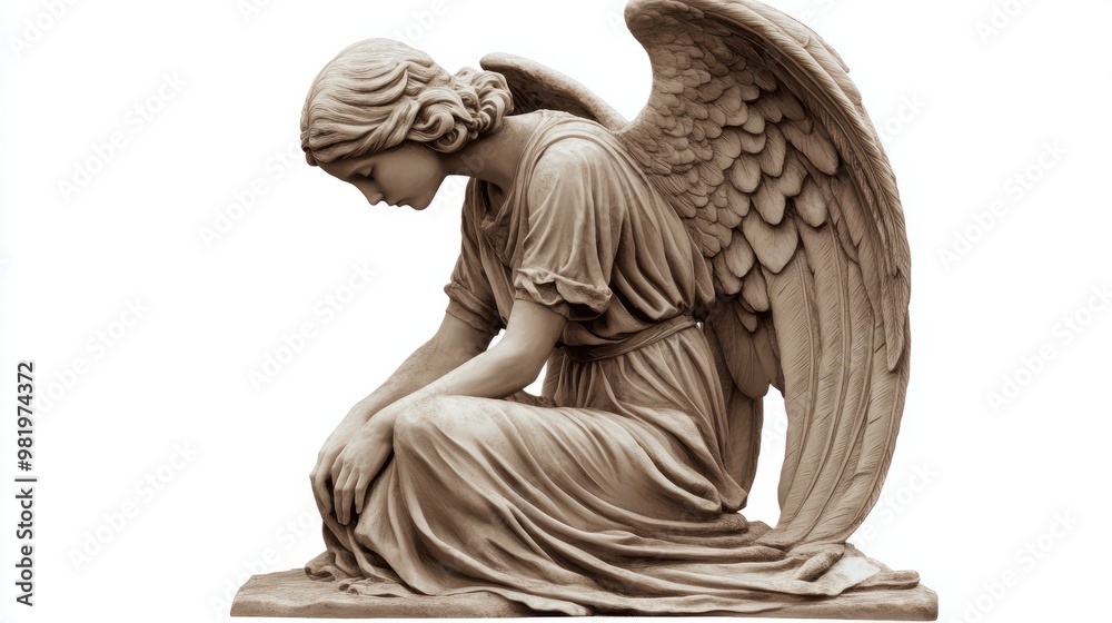 Fototapeta premium Sepia-toned statue of an angel kneeling with wings spread out behind it transparent background
