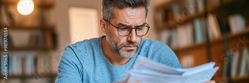 Mature man intently reviewing documents captures financial planning challenges, ideal for retirement advice services, tax preparation ads, and personal finance educational materials