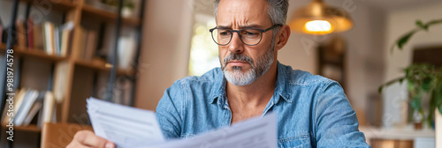 Mature man intently reviewing documents captures financial planning challenges, ideal for retirement advice services, tax preparation ads, and personal finance educational materials