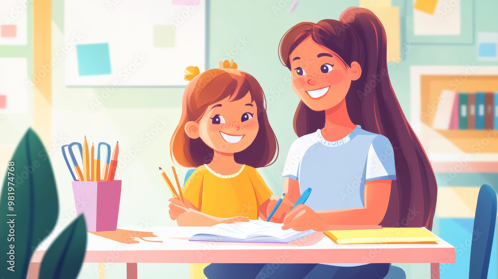 A teacher is actively engaged in helping a young girl in a colorful classroom setting. The teacher, with a warm smile, leans over to assist the girl as she writes in her notebook. A teacher is actively engaged in helping a young girl in a colorful classroom setting. The teacher, with a warm smile, leans over to assist the girl as she writes in her notebook.