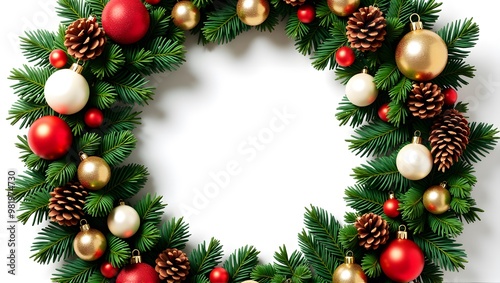 A Christmas wreath with green pine branches, red and gold ornaments, and pinecones on a white background