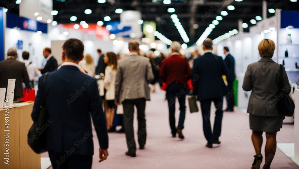 Blurred rear view of people browsing booths at an exhibition. Blurred rear view of people browsing booths at an exhibition.