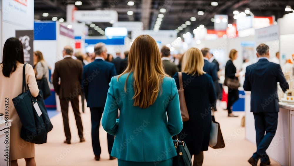 Blurred rear view of people browsing booths at an exhibition. Blurred rear view of people browsing booths at an exhibition.