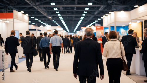 Blurred rear view of people browsing booths at an exhibition.