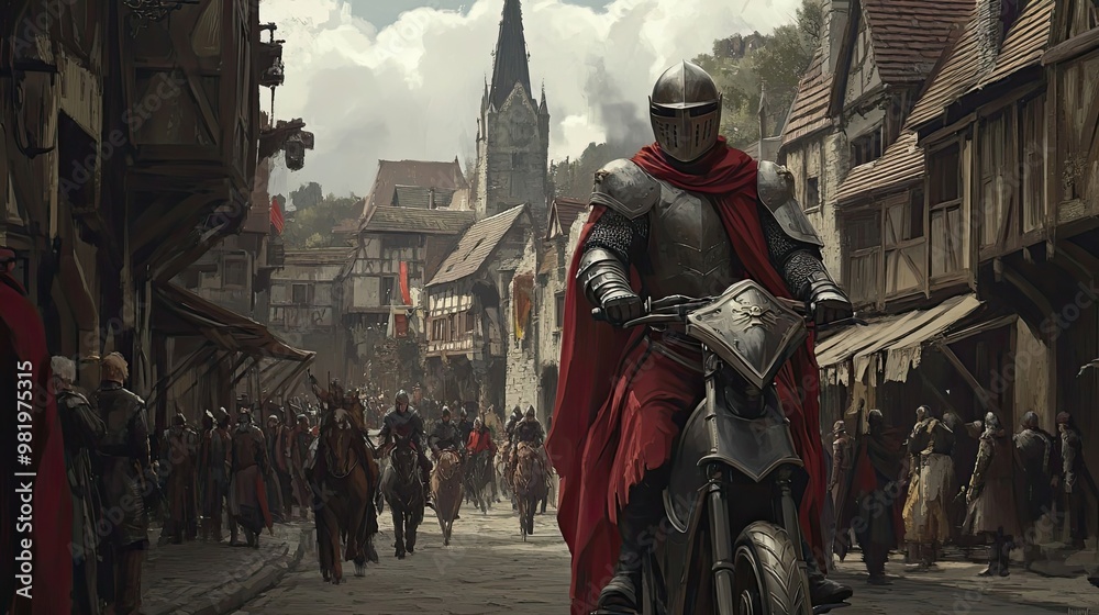 A Knight on a Motorcycle Rides Through a Medieval Town A Knight on a Motorcycle Rides Through a Medieval Town