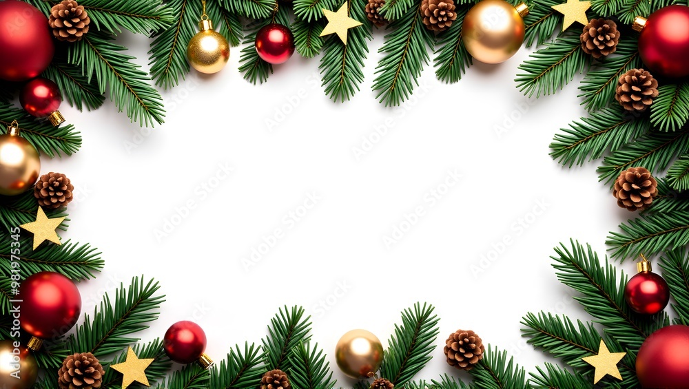A Christmas wreath with pine branches, red and gold ornaments, pinecones, and golden stars framing a white background A Christmas wreath with pine branches, red and gold ornaments, pinecones, and golden stars framing a white background