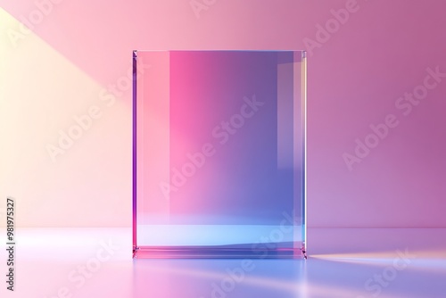 Glass cube with pink and blue gradient lighting on white surface.