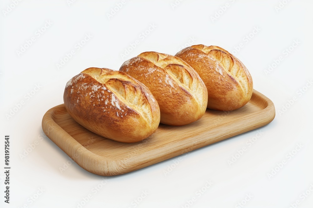 Three golden brown bread rolls on a wooden tray, isolated on a white background.