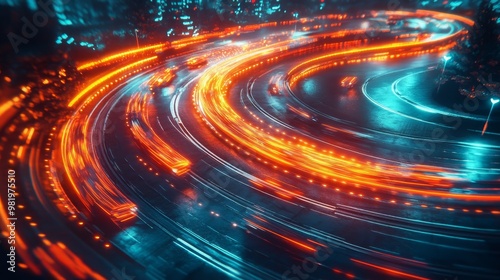 A bustling city roundabout with futuristic electric cars in motion, a sleek, dynamic circular flow, neon lights illuminating the scene at night, Cyberpunk, Neon, 3D, Vibrant