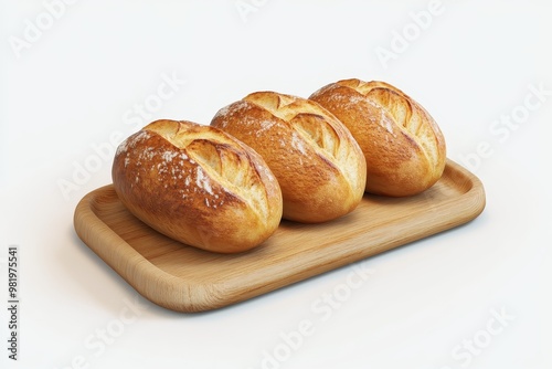 Three golden brown bread rolls on a wooden tray, isolated on a white background.