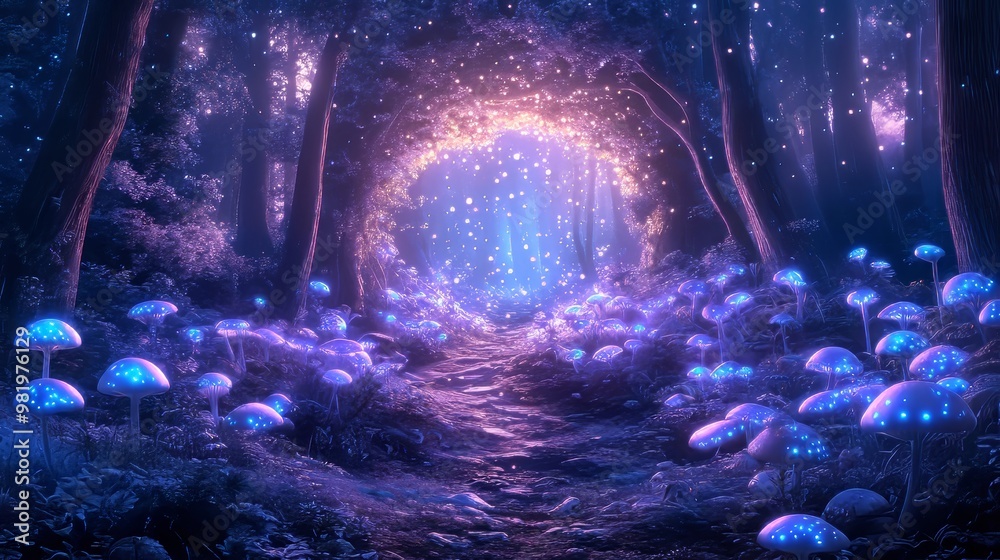 A circle of bioluminescent mushrooms glowing under the twilight sky, leading to a sparkling portal, fantasy illustration, neon blues and purples, soft mist A circle of bioluminescent mushrooms glowing under the twilight sky, leading to a sparkling portal, fantasy illustration, neon blues and purples, soft mist