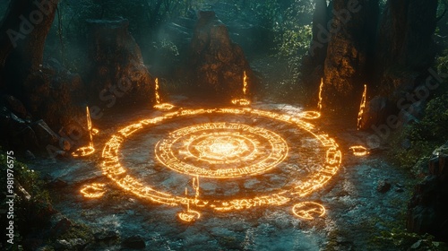 A circle of glowing runes radiating from the ground, summoning ancient elemental beings with arcs of light illuminating their forms photo