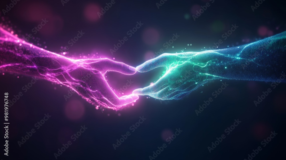 A circle of hands with holographic veins pulsing energy between them, futuristic cyberpunk style, neon purple and green, representing unity and digital collaboration A circle of hands with holographic veins pulsing energy between them, futuristic cyberpunk style, neon purple and green, representing unity and digital collaboration