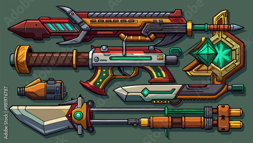 A set of futuristic weapons with glowing details and unique designs, set against a dark background, evokes a sense of sci-fi adventure and advanced technology