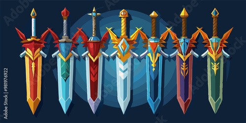 A set of stylized fantasy swords with unique designs and glowing accents, set against a dark blue background, evokes a sense of epic adventure and magical weaponry