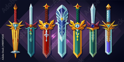 A set of stylized fantasy swords with glowing accents and unique designs, set against a dark background, evokes a sense of epic adventure and magical weaponry