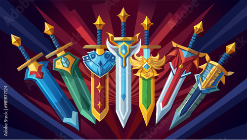 A collection of stylized fantasy swords with glowing accents and unique designs, set against a backdrop of radiating light and dark stripes, evokes a sense of epic adventure and magical weaponry