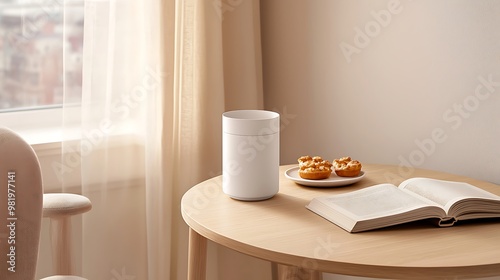 An inviting image of a cozy coffee shop corner featuring an espresso cup on a wooden table beside an open book and a small plate of pastries. The warm lighting and soft textures of the surroundings