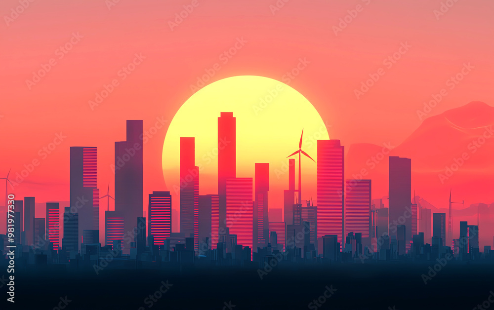 Sunset over a modern city skyline adorned with wind turbines, showcasing harmony between nature and urban life. Sunset over a modern city skyline adorned with wind turbines, showcasing harmony between nature and urban life.