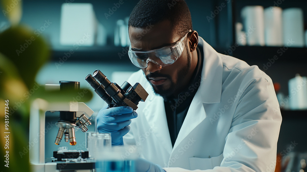 A black man peers through a microscope in a well-equipped laboratory, focused on his study for medical research. The setting is filled with advanced scientific tools and glassware, highlighting. A black man peers through a microscope in a well-equipped laboratory, focused on his study for medical research. The setting is filled with advanced scientific tools and glassware, highlighting.