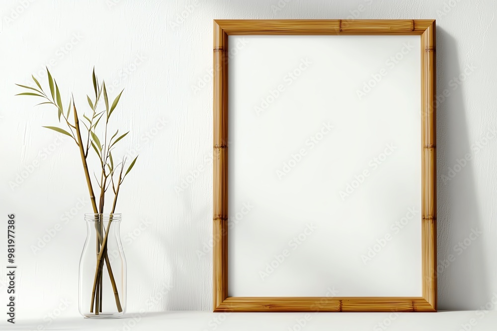 A minimalist wooden frame with a blank canvas beside a vase holding elegant leaves. Perfect for modern decor. A minimalist wooden frame with a blank canvas beside a vase holding elegant leaves. Perfect for modern decor.