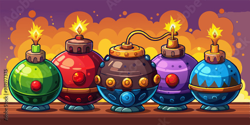 A collection of cartoon bombs with lit fuses and sparkling explosions, set against a warm, textured background, creates a playful yet suspenseful atmosphere